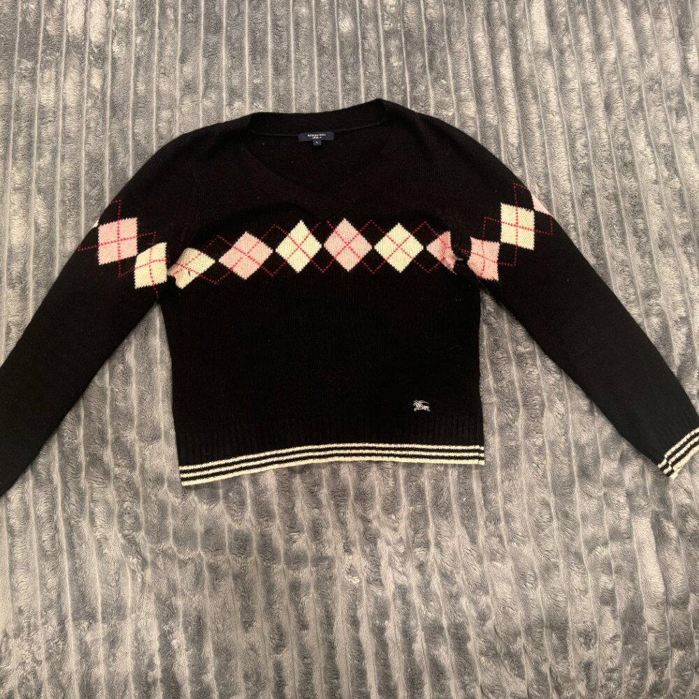 Burberry London Lambswool Pullover Printed V-Neck Knit Sweater